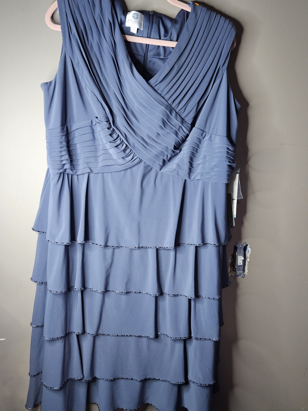 Plus Size Blue Tiered Pleated V-Neck Dress